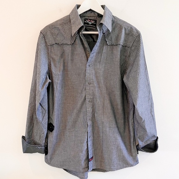 Fender by Rock & Roll Religion Gray Striped Button Down Shirt Size Medium - Picture 6 of 10